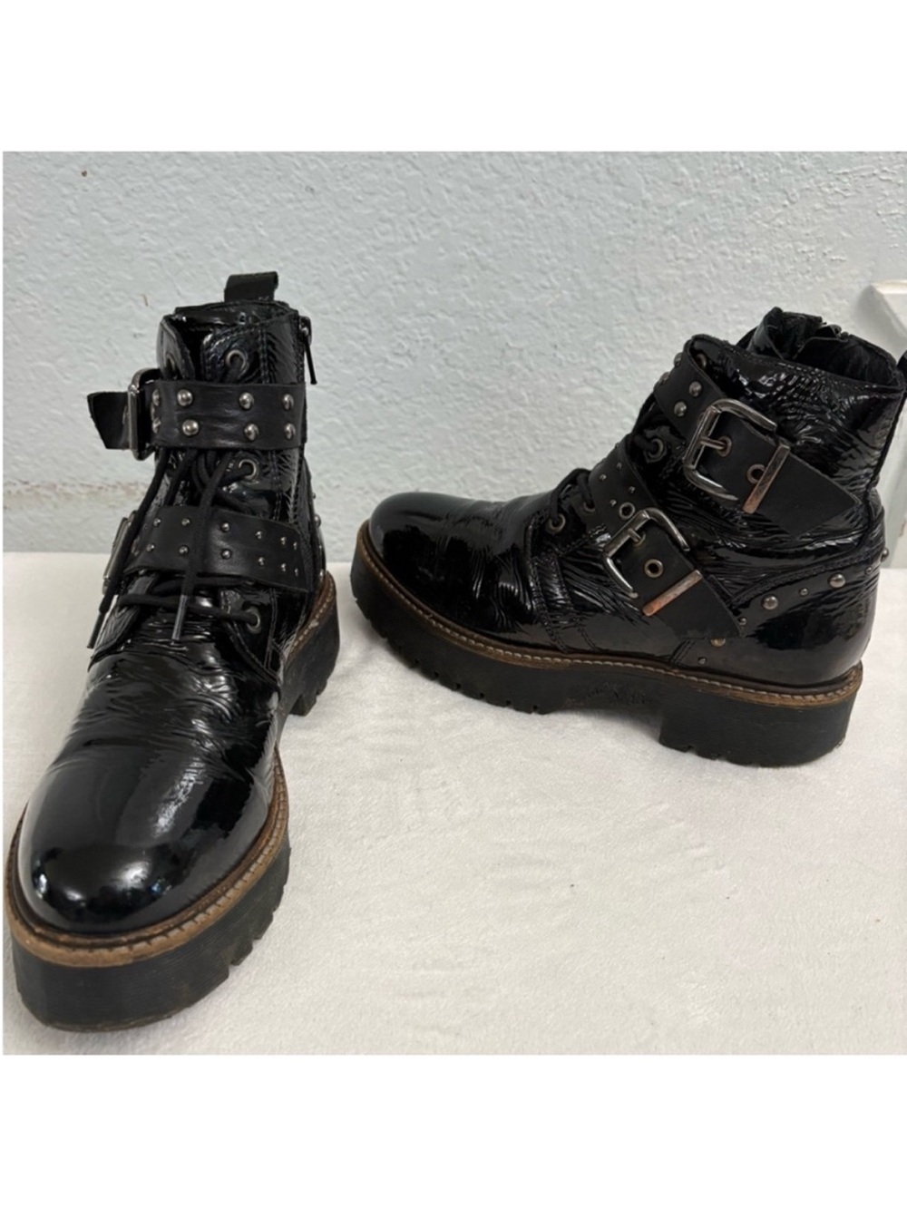 Pajar Patent Black Combat
Boots with Studded Straps Lace
Up Zip Ankle Sz 6.5